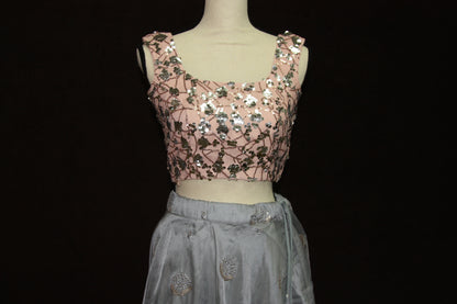 Grey Organza Lehenga with Self Thread Work Butti & Peach Sequin Blouse