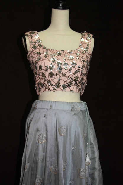 Grey Organza Lehenga with Self Thread Work Butti & Peach Sequin Blouse