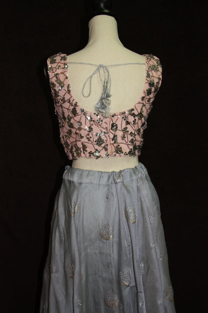 Grey Organza Lehenga with Self Thread Work Butti & Peach Sequin Blouse