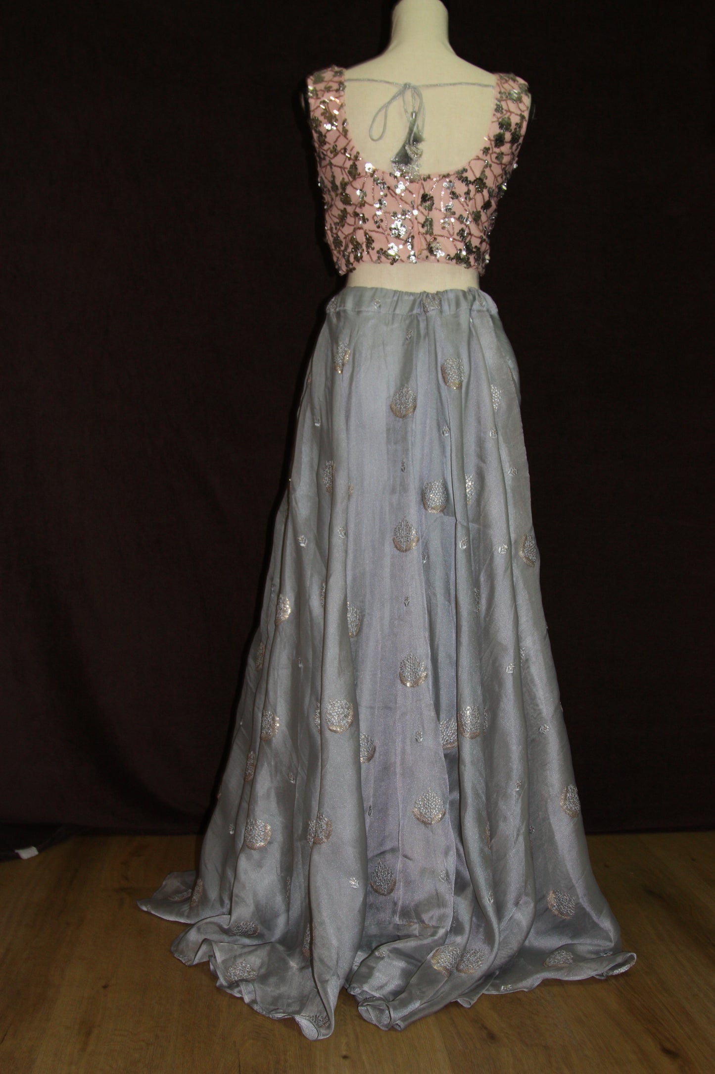 Grey Organza Lehenga with Self Thread Work Butti & Peach Sequin Blouse