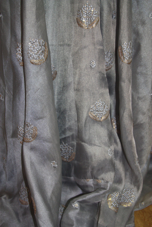 Grey Organza Lehenga with Self Thread Work Butti & Peach Sequin Blouse