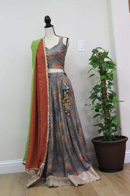 Grey Floral Printed Lehenga with Green Dupatta