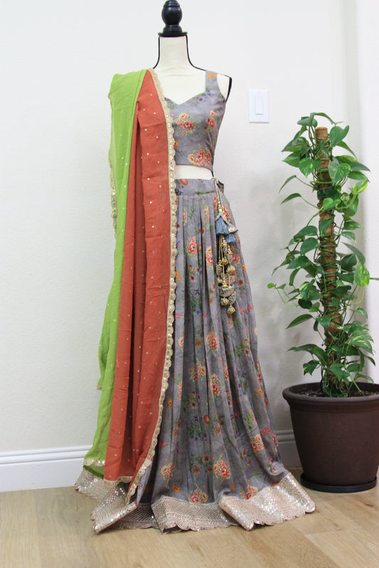 Grey Floral Printed Lehenga with Green Dupatta