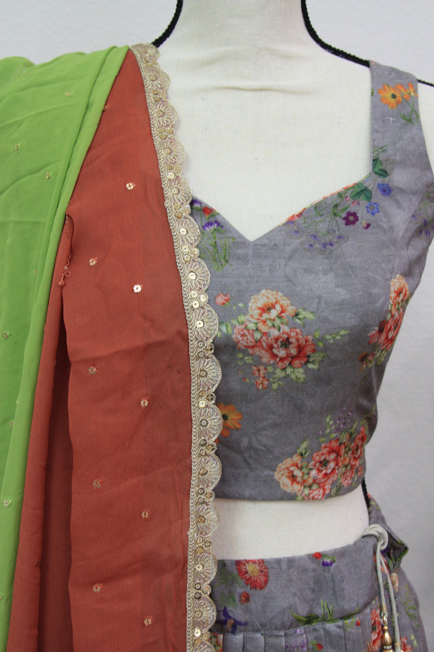 Grey Floral Printed Lehenga with Green Dupatta