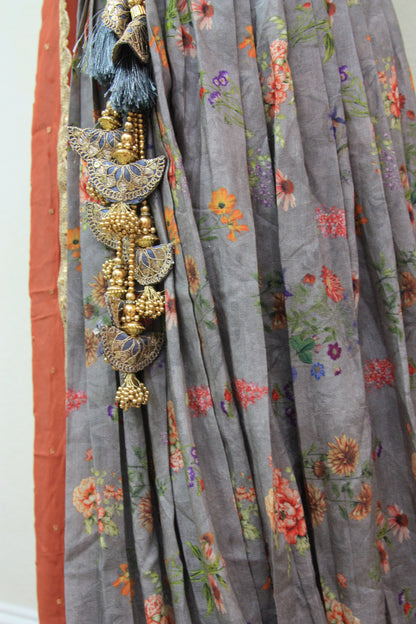 Grey Floral Printed Lehenga with Green Dupatta