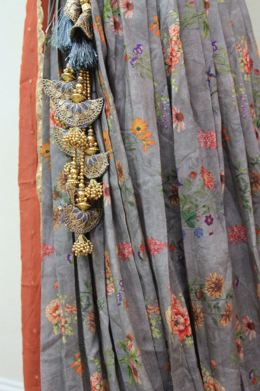 Grey Floral Printed Lehenga with Green Dupatta