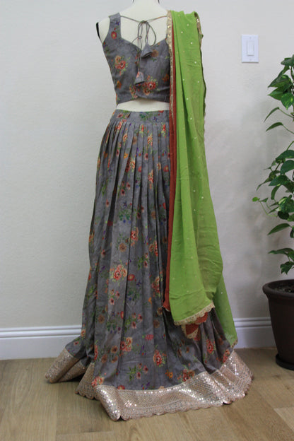 Grey Floral Printed Lehenga with Green Dupatta