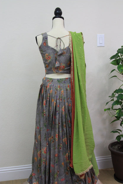 Grey Floral Printed Lehenga with Green Dupatta