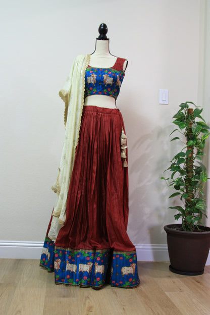 Maroon Tussar Lehenga with Kalamkari Border & Blouse