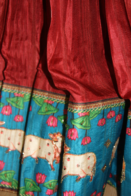 Maroon Tussar Lehenga with Kalamkari Border & Blouse