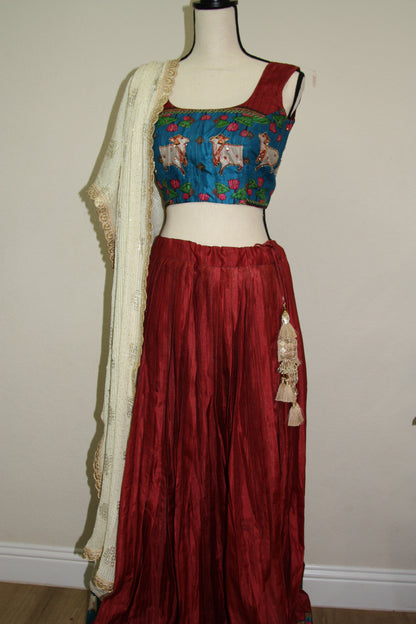 Maroon Tussar Lehenga with Kalamkari Border & Blouse