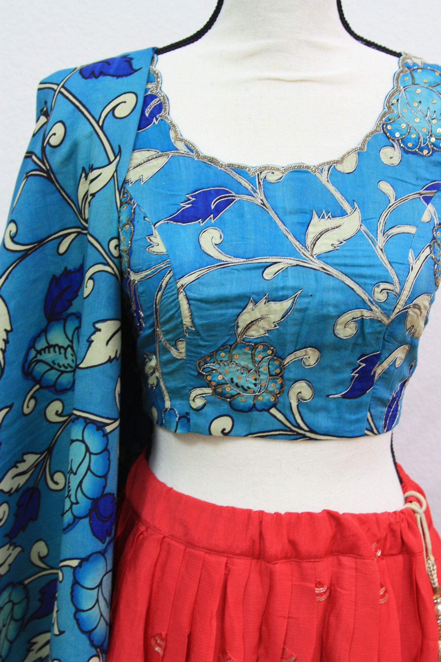 Red Georgette Lehenga with Blue Floral Kalamkari Border & Blouse