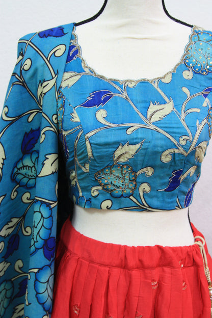 Red Georgette Lehenga with Blue Floral Kalamkari Border & Blouse