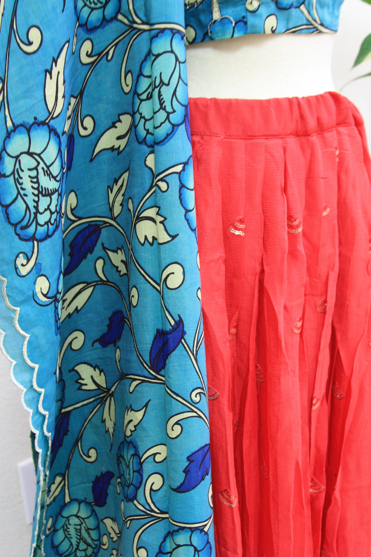 Red Georgette Lehenga with Blue Floral Kalamkari Border & Blouse