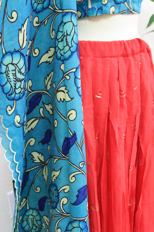 Red Georgette Lehenga with Blue Floral Kalamkari Border & Blouse