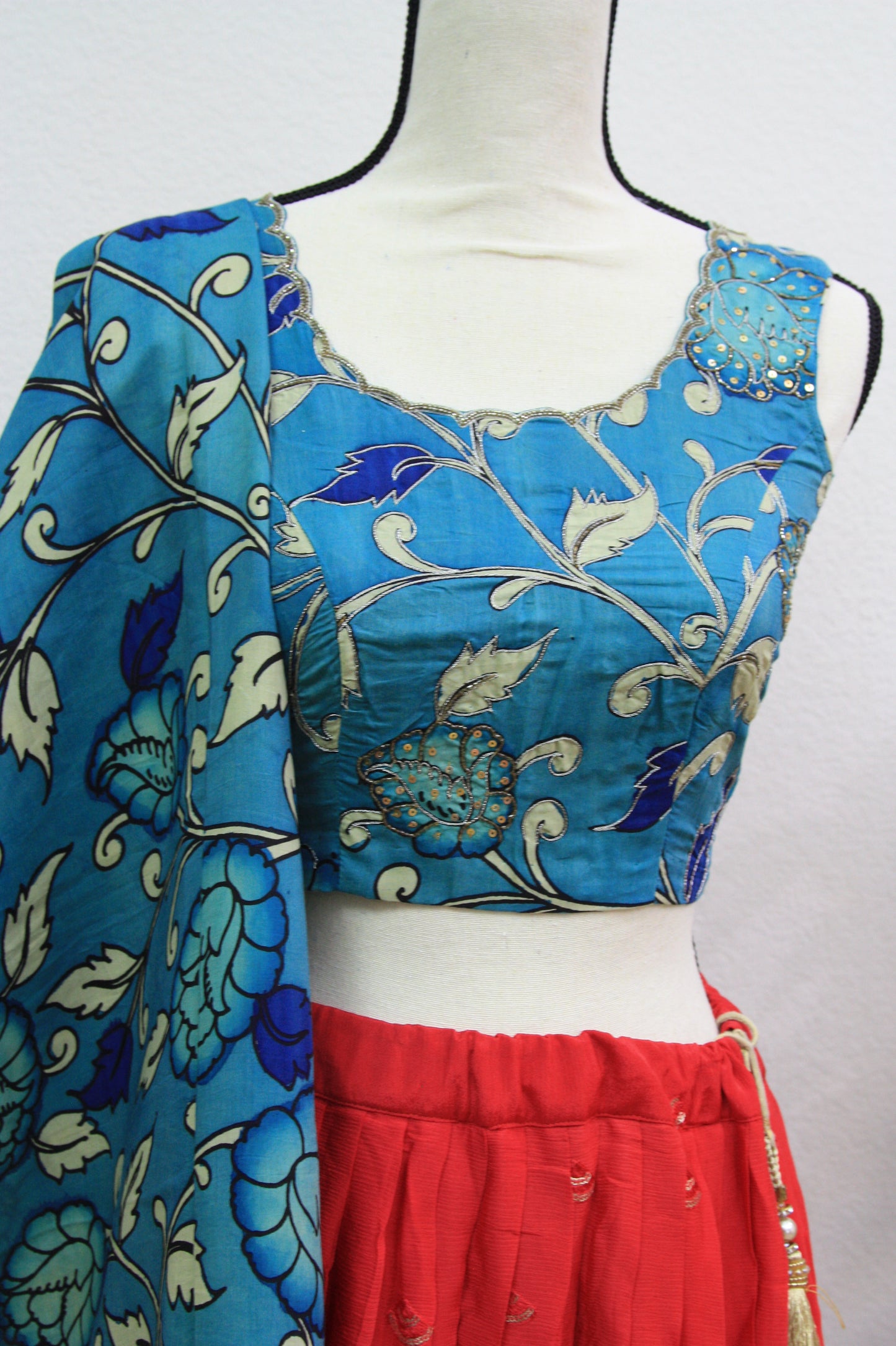 Red Georgette Lehenga with Blue Floral Kalamkari Border & Blouse