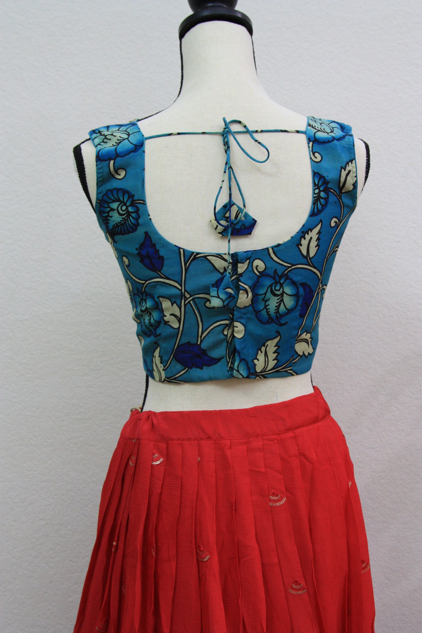 Red Georgette Lehenga with Blue Floral Kalamkari Border & Blouse