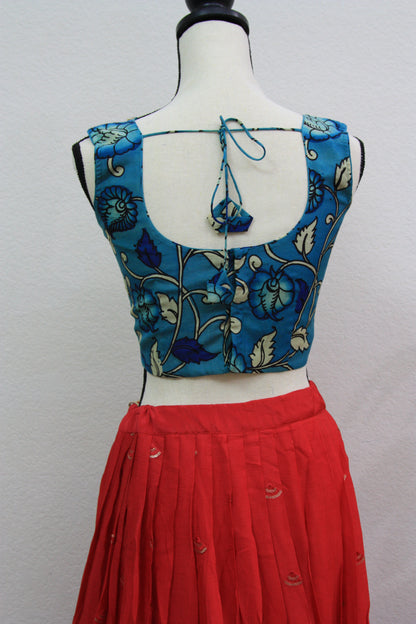 Red Georgette Lehenga with Blue Floral Kalamkari Border & Blouse