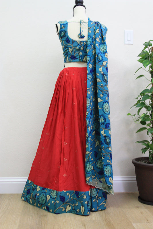 Red Georgette Lehenga with Blue Floral Kalamkari Border & Blouse