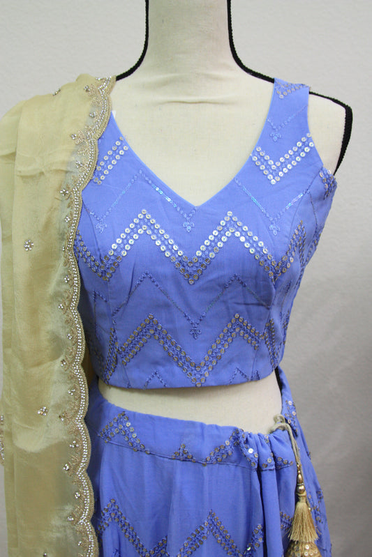 Blue Chikankari Lehenga with Sequin Work & Cream Tissue Dupatta