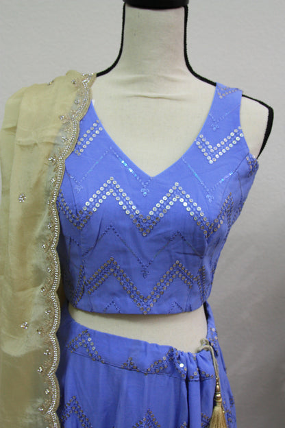 Blue Chikankari Lehenga with Sequin Work & Cream Tissue Dupatta