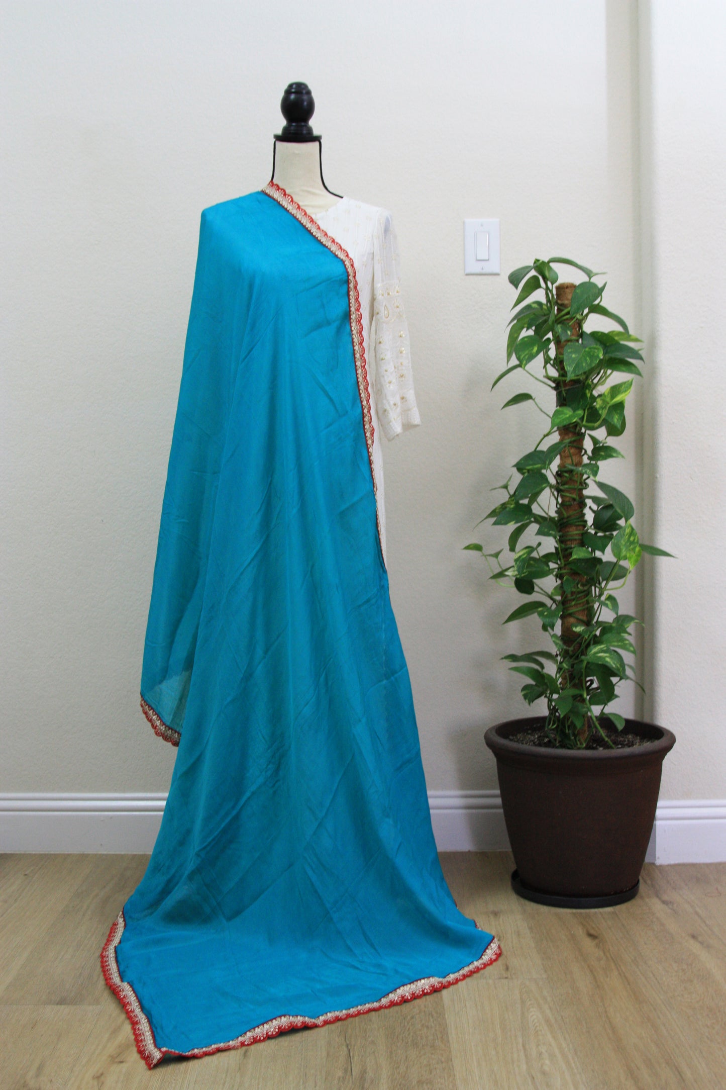 Elegant Turquoise Dupatta with Red and Gold Embellished Border