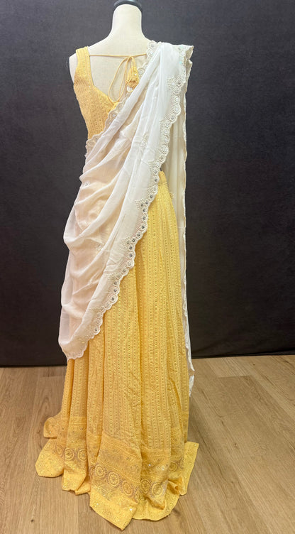 Sunny Yellow Embroidered Lehenga with White Dupatta