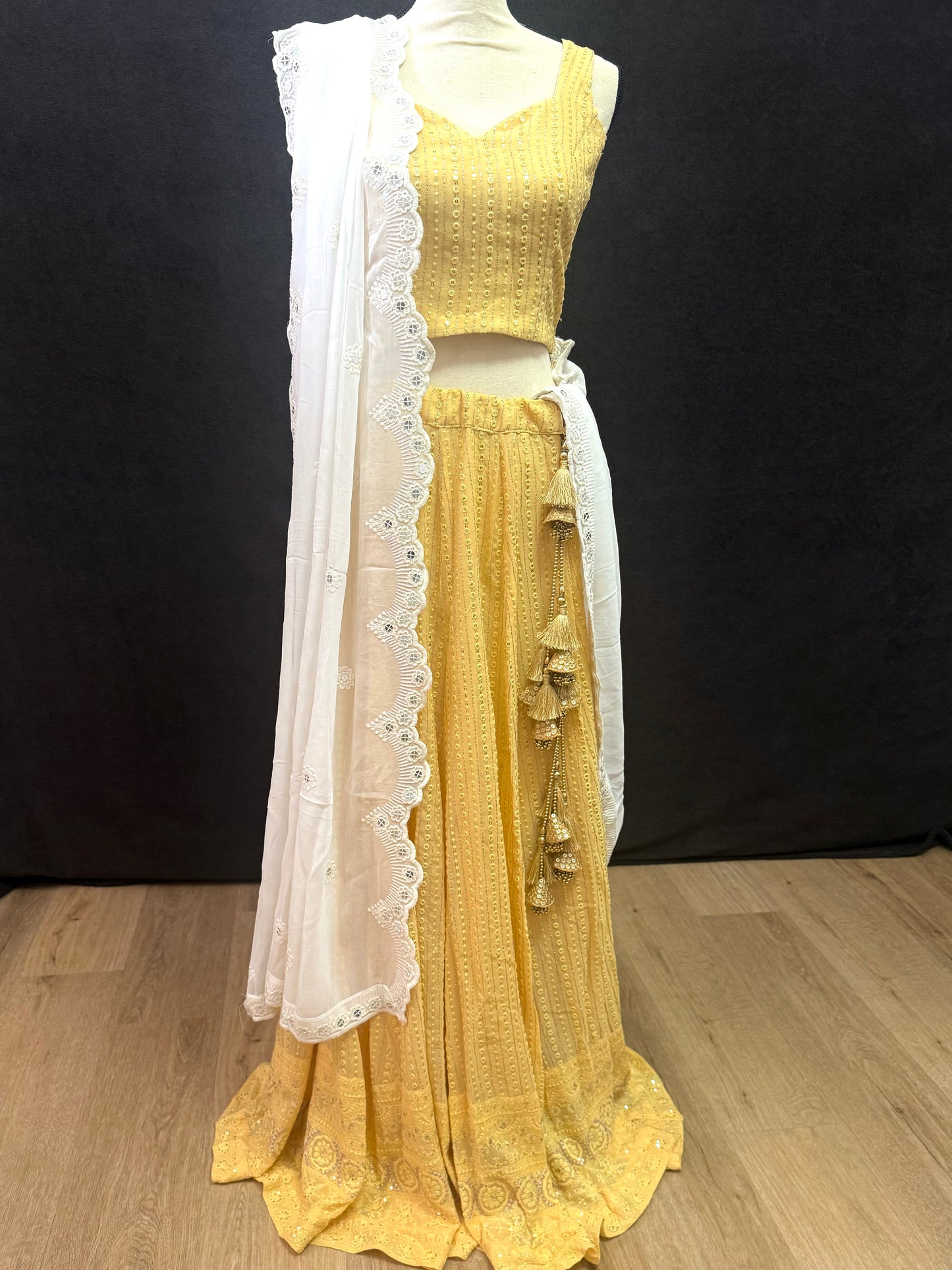 Sunny Yellow Embroidered Lehenga with White Dupatta