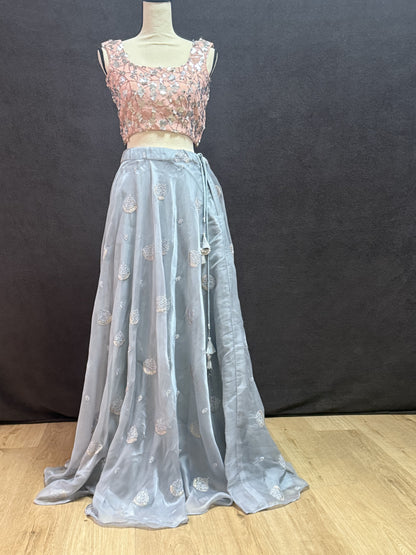 Grey Organza Lehenga with Self Thread Work Butti & Peach Sequin Blouse