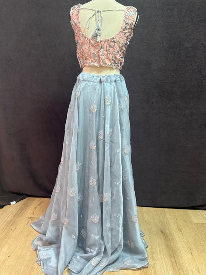 Grey Organza Lehenga with Self Thread Work Butti & Peach Sequin Blouse