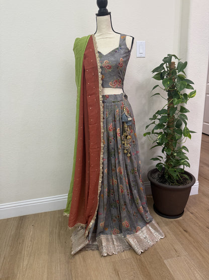 Grey Floral Printed Lehenga with Green Dupatta