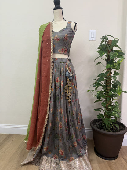 Grey Floral Printed Lehenga with Green Dupatta