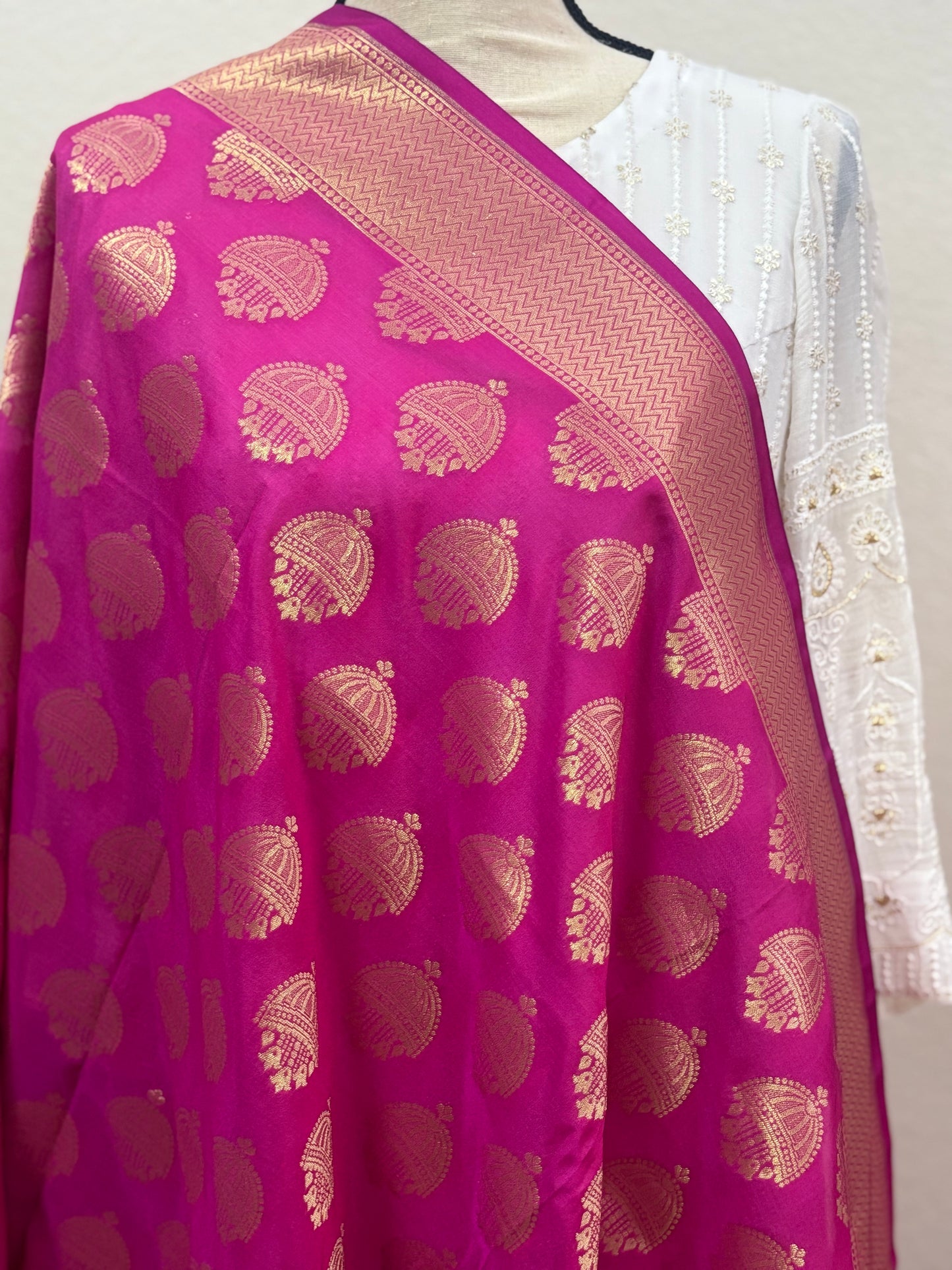 Pink Banarasi Dupatta with Gold Butti