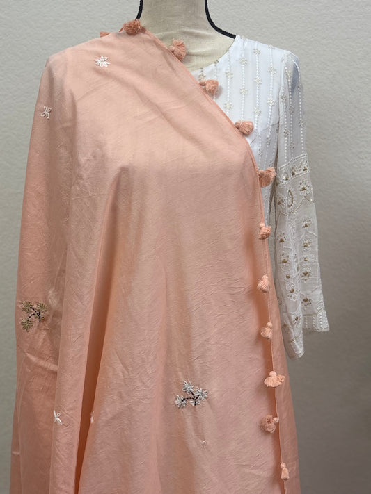 Peach Dupatta with Thread Work and Cotton Ball Borde