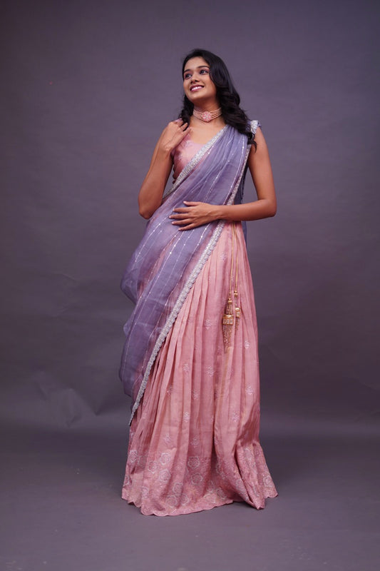 Onion Pink Tissue lehenga paired with Organza dupatta