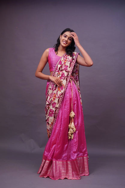 Pink Mangalgiri Lehenga/Kalamkari duppatta