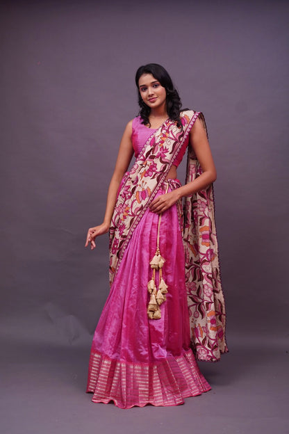 Pink Mangalgiri Lehenga/Kalamkari duppatta