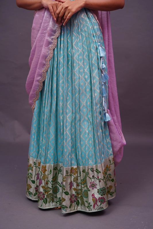 Blue Crepe tissue Lehenga with Paithani pattern border