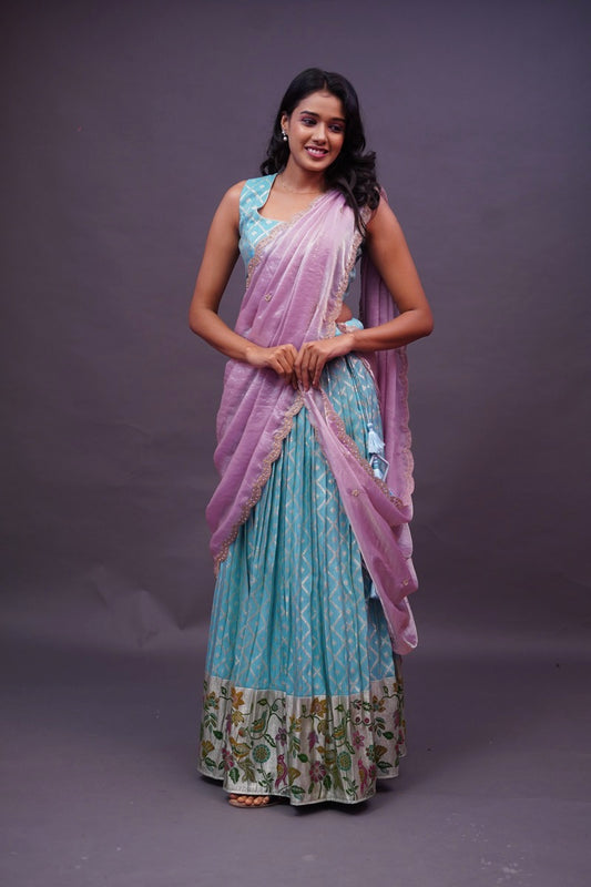 Blue Crepe tissue Lehenga with Paithani pattern border