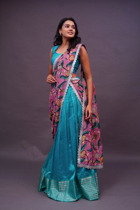 Blue Mangalgiri Lehenga/Kalamkari duppatta
