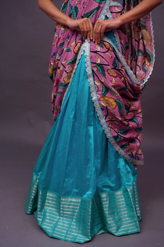Blue Mangalgiri Lehenga/Kalamkari duppatta