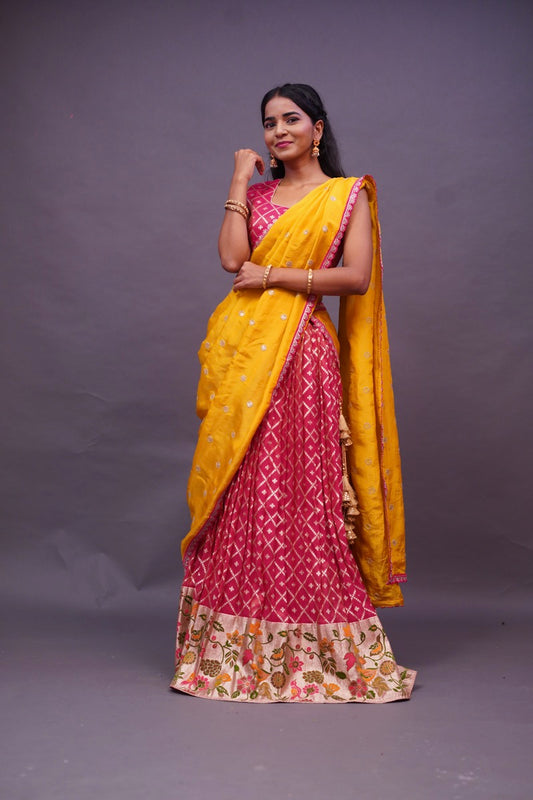 Red Crepe tissue Lehenga with Paithani pattern border