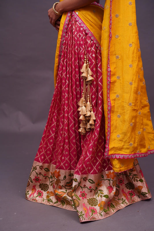 Red Crepe tissue Lehenga with Paithani pattern border