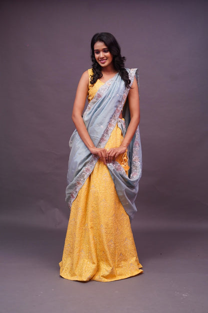 Light Yellow chikankari with tissue duppatta