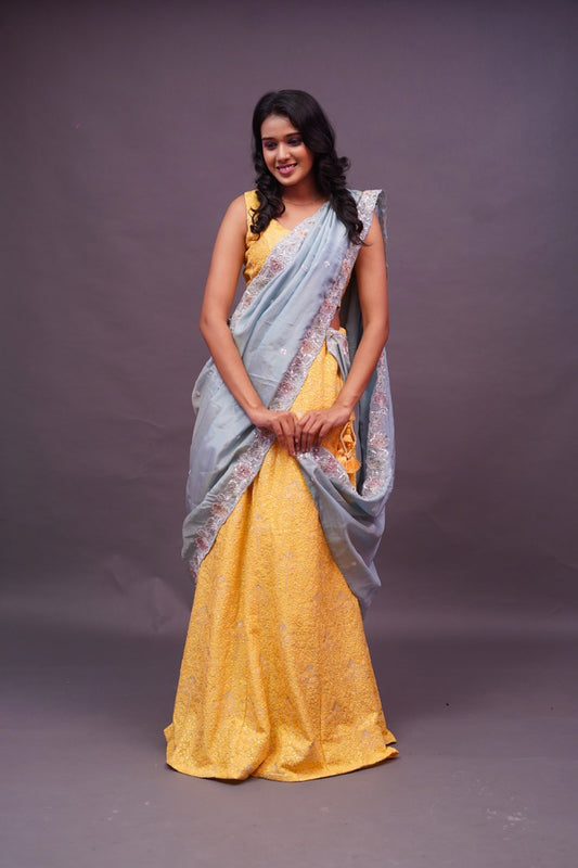 Light Yellow chikankari with tissue duppatta