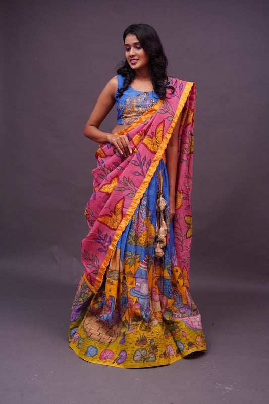 Blue Kalamkari Lehenga with Yellow border
