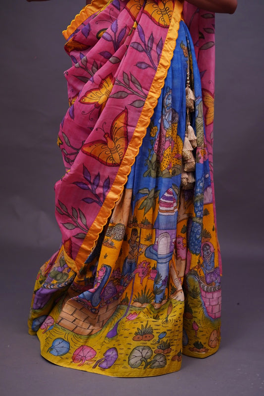 Blue Kalamkari Lehenga with Yellow border