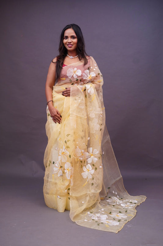 Hibiscus Painted Yellow Organza  Saree