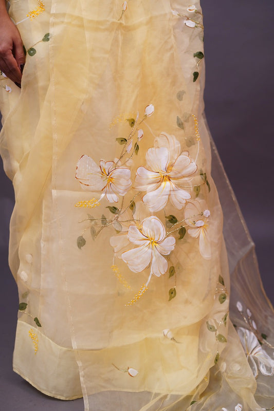 Hibiscus Painted Yellow Organza  Saree