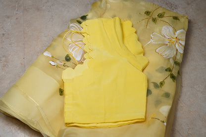 Hibiscus Painted Yellow Organza  Saree